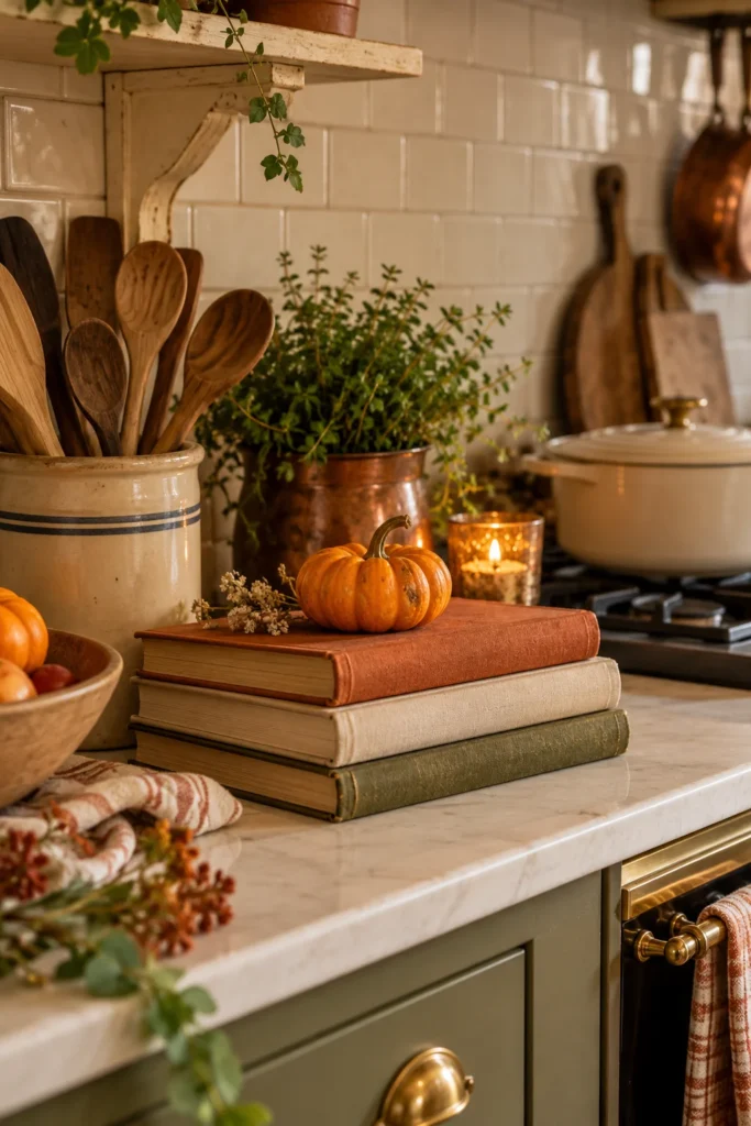 8. Stack Cookbooks with a Tiny Pumpkin on Top