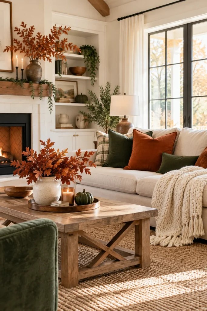 1. Pick Three Fall Colors and Stay With Them Fall Living Room Decor Ideas