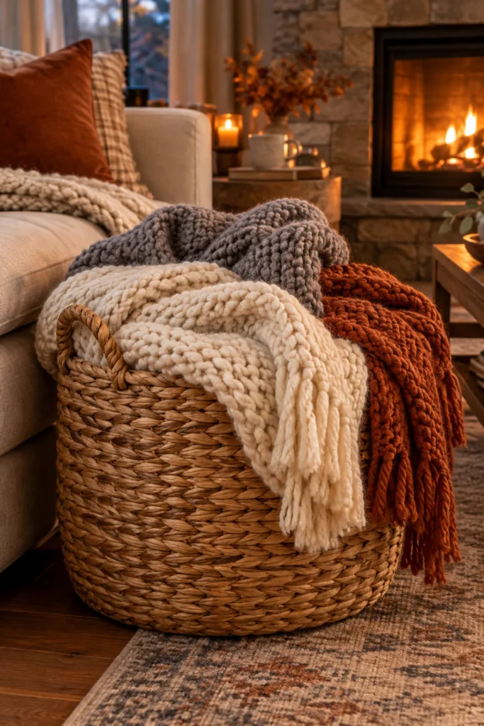 7. Pile Chunky Knit Blankets in a Basket