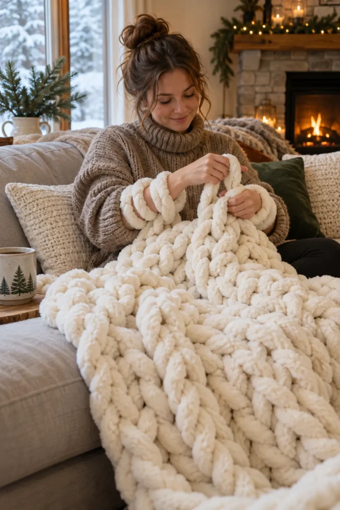 1. Arm-Knitted Chunky Blanket Winter Crafts for Adults